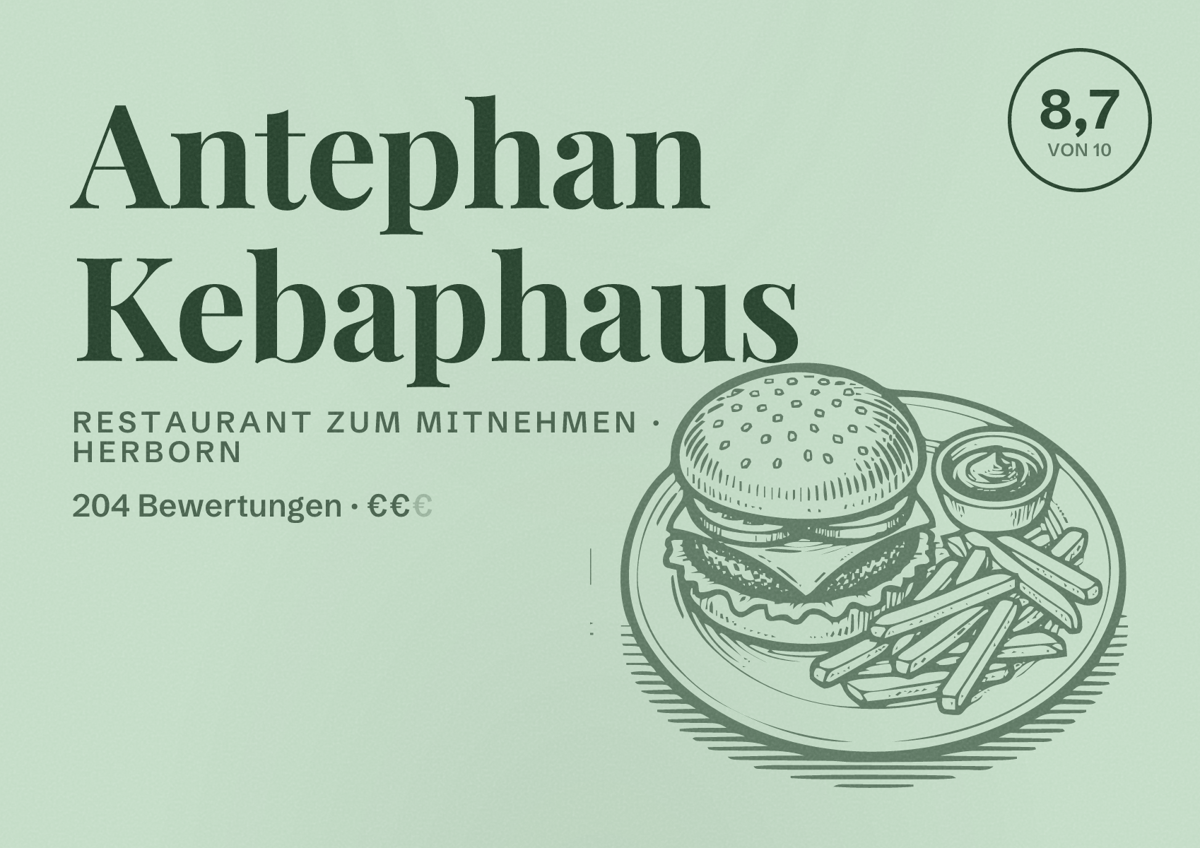 Illustriertes Poster von Antephan Kebaphaus, Restaurant zum Mitnehmen in Herborn: Bewertung 8,7 von 10 aus 204 Bewertungen, Preisniveau €€