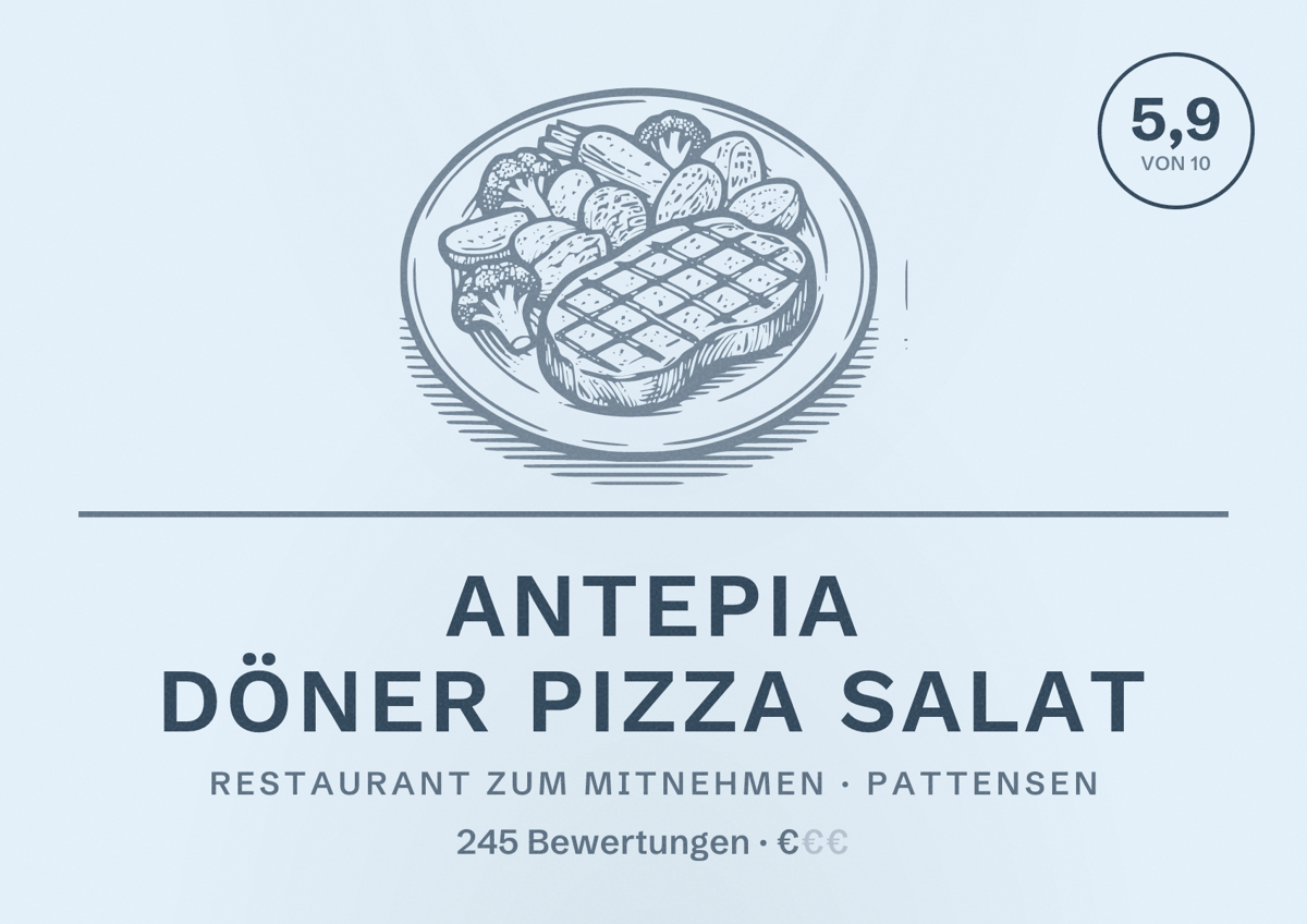 Illustriertes Poster von Antepia Döner Pizza Salat, Restaurant zum Mitnehmen in Pattensen: Bewertung 5,9 von 10 aus 245 Bewertungen, Preisniveau €