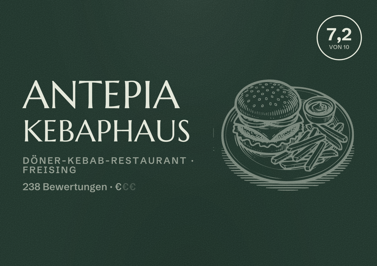 Illustriertes Poster von Antepia Kebaphaus, Döner-Kebab-Restaurant in Freising: Bewertung 7,2 von 10 aus 238 Bewertungen, Preisniveau €