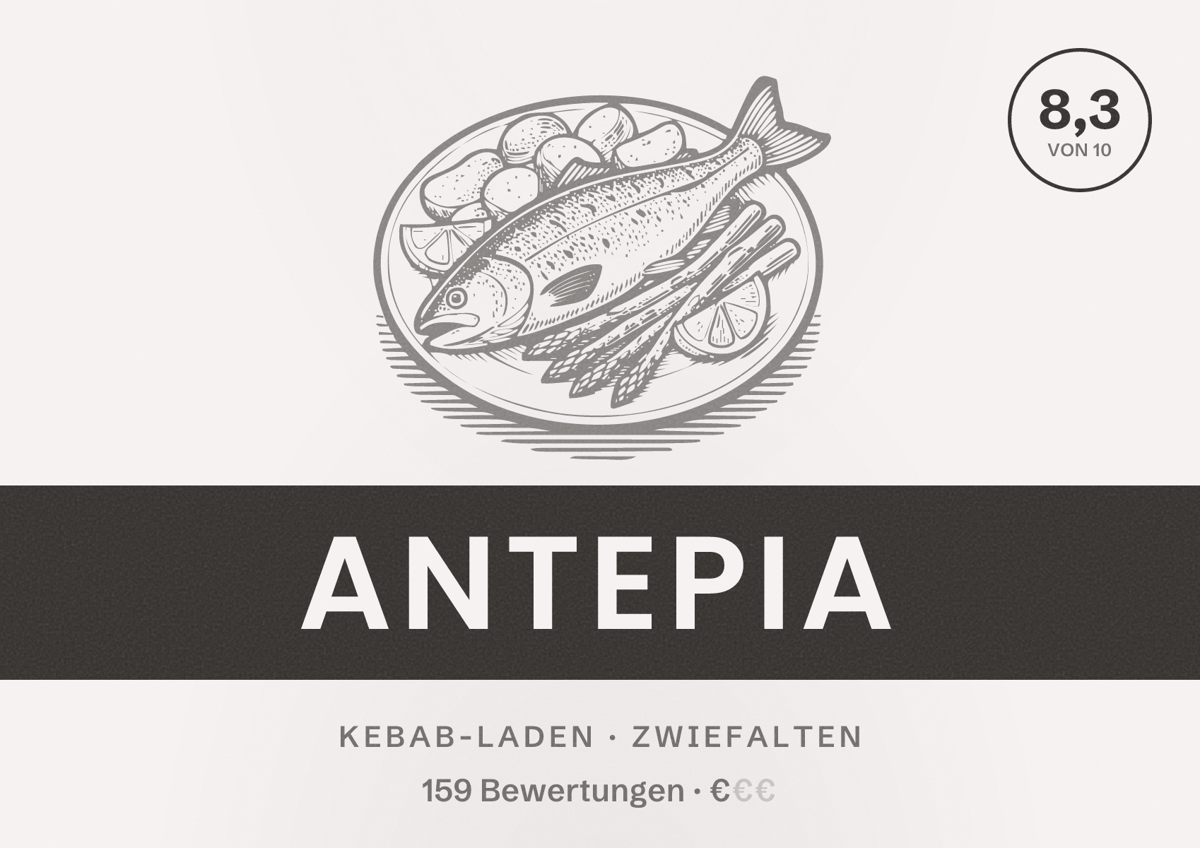Illustriertes Poster von Antepia, Kebab-Laden in Zwiefalten: Bewertung 8,3 von 10 aus 159 Bewertungen, Preisniveau €