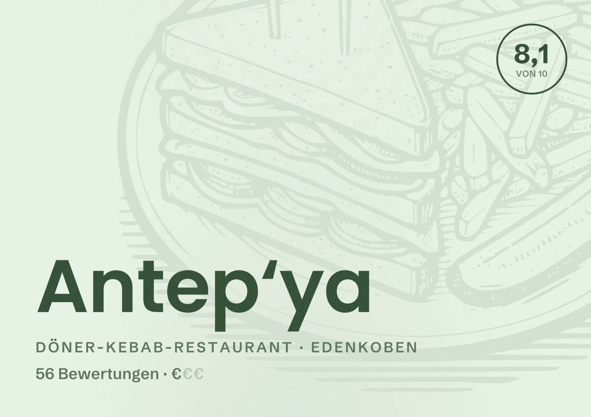 Illustriertes Poster von Antep‘ya, Döner-Kebab-Restaurant in Edenkoben: Bewertung 8,1 von 10 aus 56 Bewertungen, Preisniveau €