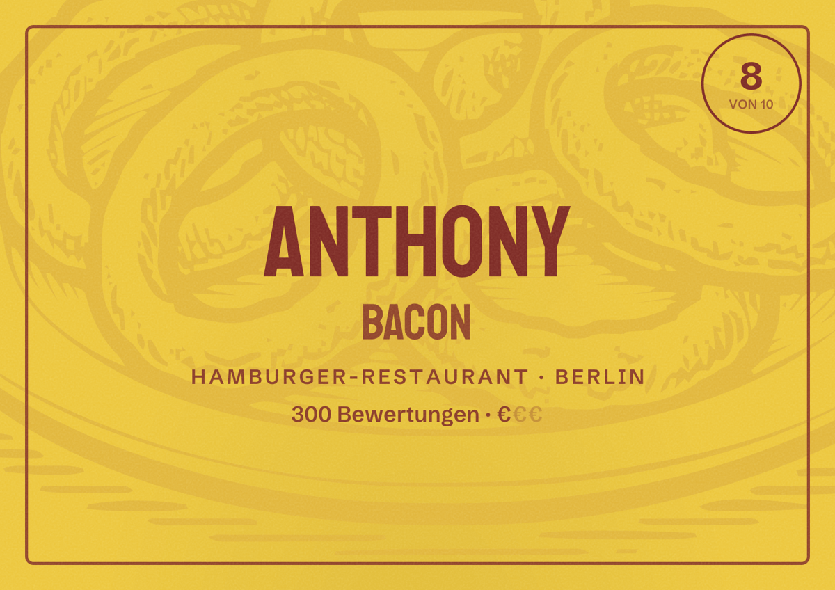 Illustriertes Poster von Anthony Bacon, Hamburger-Restaurant in Berlin: Bewertung 8,0 von 10 aus 300 Bewertungen, Preisniveau €