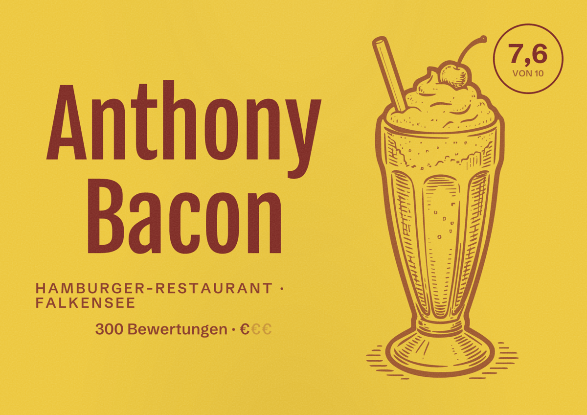 Illustriertes Poster von Anthony Bacon, Hamburger-Restaurant in Falkensee: Bewertung 7,6 von 10 aus 300 Bewertungen, Preisniveau €