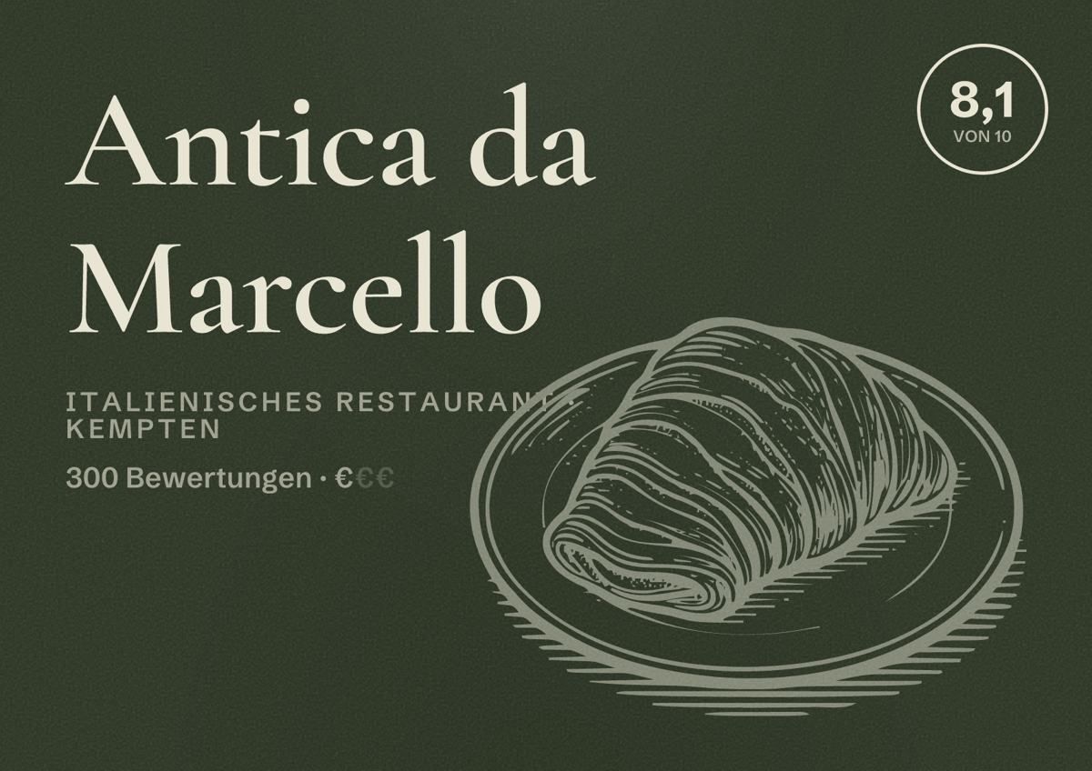 Illustriertes Poster von Antica da Marcello, Italienisches Restaurant in Kempten: Bewertung 8,1 von 10 aus 300 Bewertungen, Preisniveau €