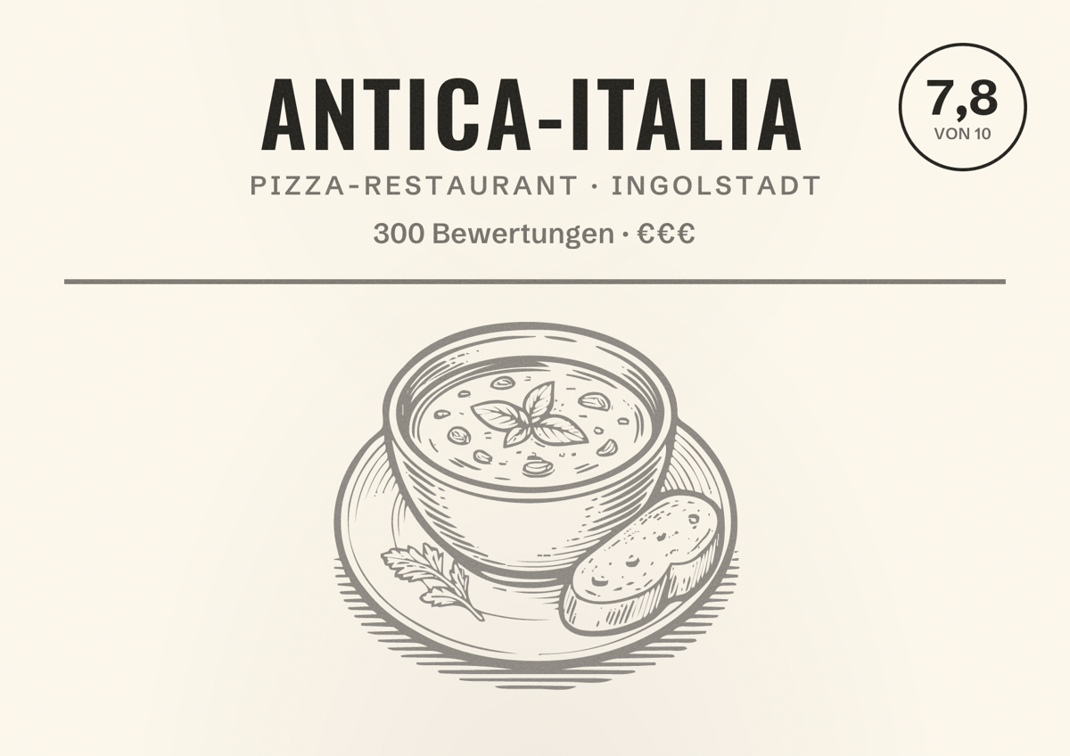 Illustriertes Poster von Antica-Italia, Pizza-Restaurant in Ingolstadt: Bewertung 7,8 von 10 aus 300 Bewertungen, Preisniveau €€€
