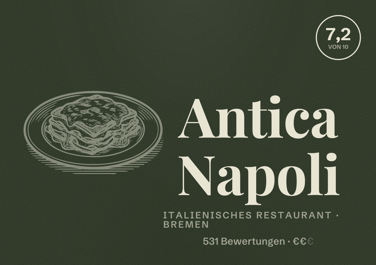 Illustriertes Poster von Antica Napoli, Italienisches Restaurant in Bremen: Bewertung 7,2 von 10 aus 531 Bewertungen, Preisniveau €€