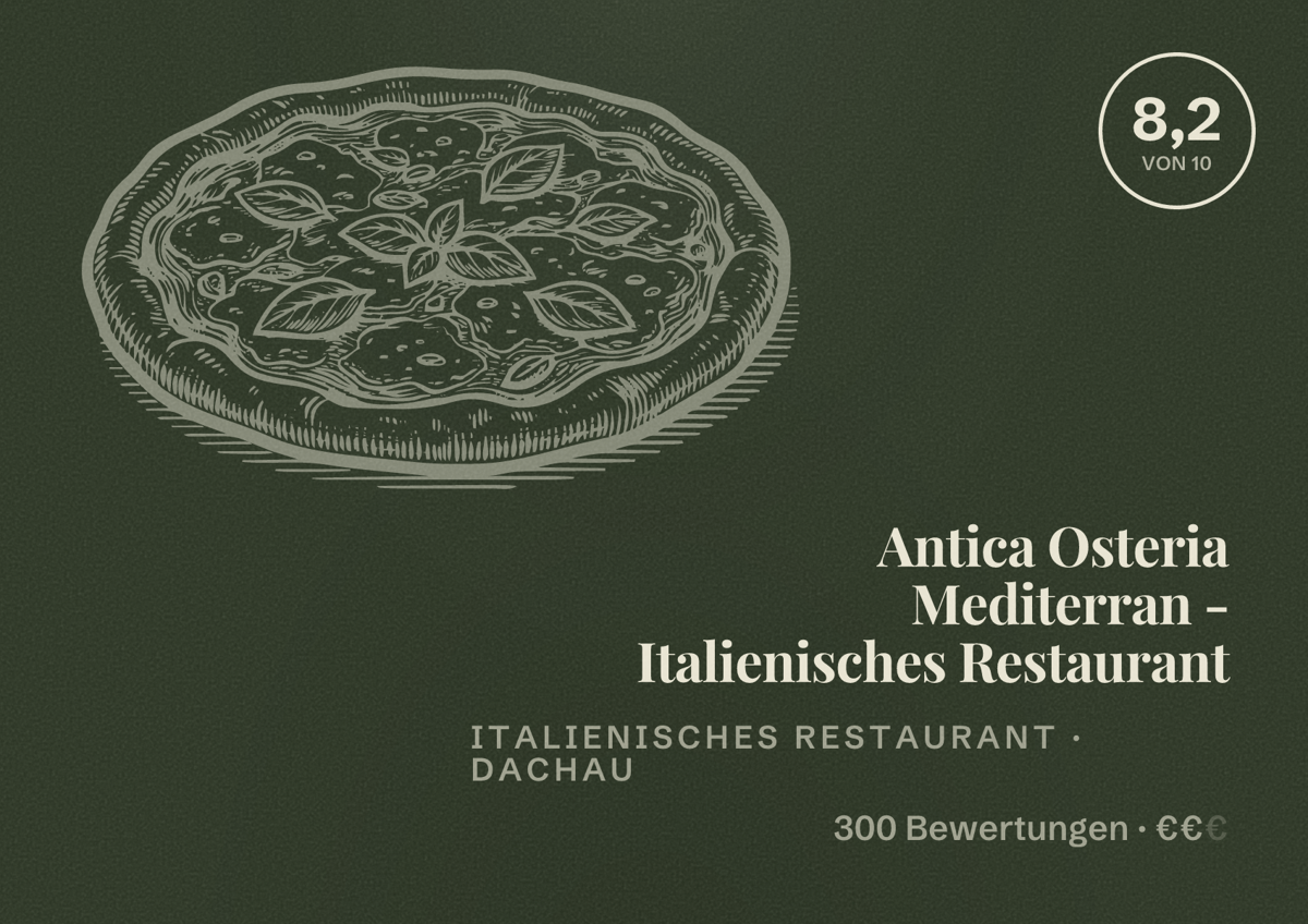 Illustriertes Poster von Antica Osteria Mediterran - Italienisches Restaurant, Italienisches Restaurant in Dachau: Bewertung 8,2 von 10 aus 300 Bewertungen, Preisniveau €€
