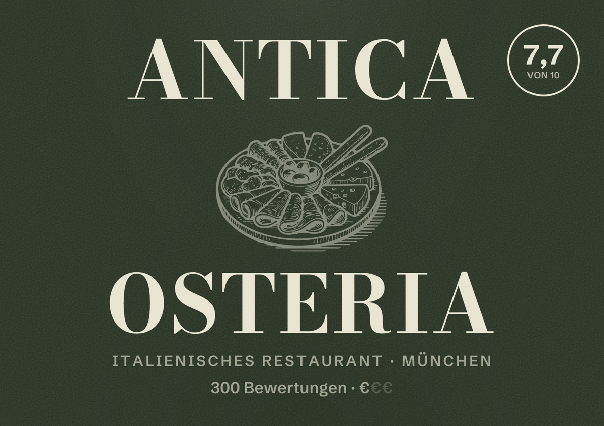 Illustriertes Poster von Antica Osteria, Italienisches Restaurant in München: Bewertung 7,7 von 10 aus 300 Bewertungen, Preisniveau €