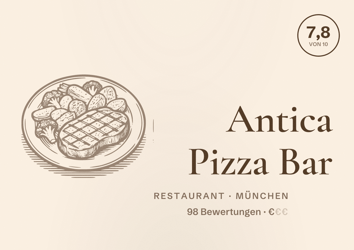 Illustriertes Poster von Antica Pizza Bar, Restaurant in München: Bewertung 7,8 von 10 aus 98 Bewertungen, Preisniveau €