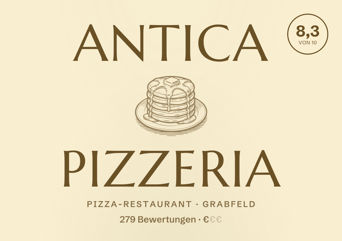Illustriertes Poster von Antica Pizzeria, Pizza-Restaurant in Grabfeld: Bewertung 8,3 von 10 aus 279 Bewertungen, Preisniveau €
