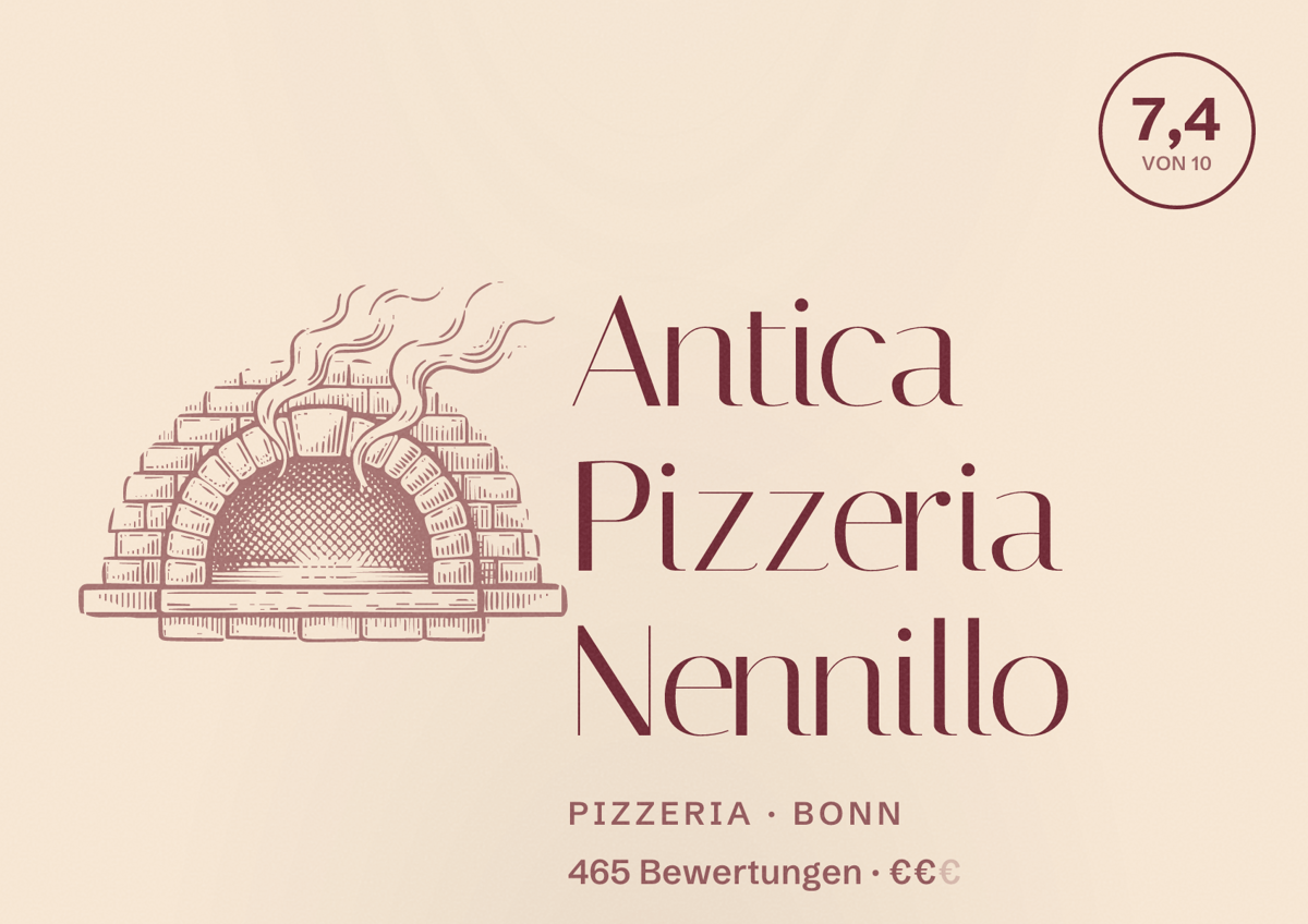 Illustriertes Poster von Antica Pizzeria Nennillo, Pizzeria in Bonn: Bewertung 7,4 von 10 aus 465 Bewertungen, Preisniveau €€