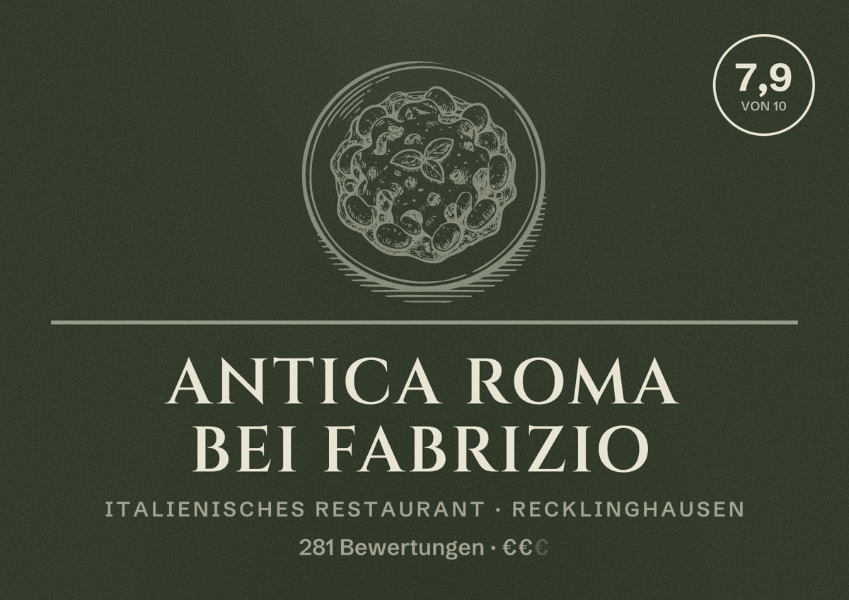 Illustriertes Poster von Antica Roma bei Fabrizio, Italienisches Restaurant in Recklinghausen: Bewertung 7,9 von 10 aus 281 Bewertungen, Preisniveau €€