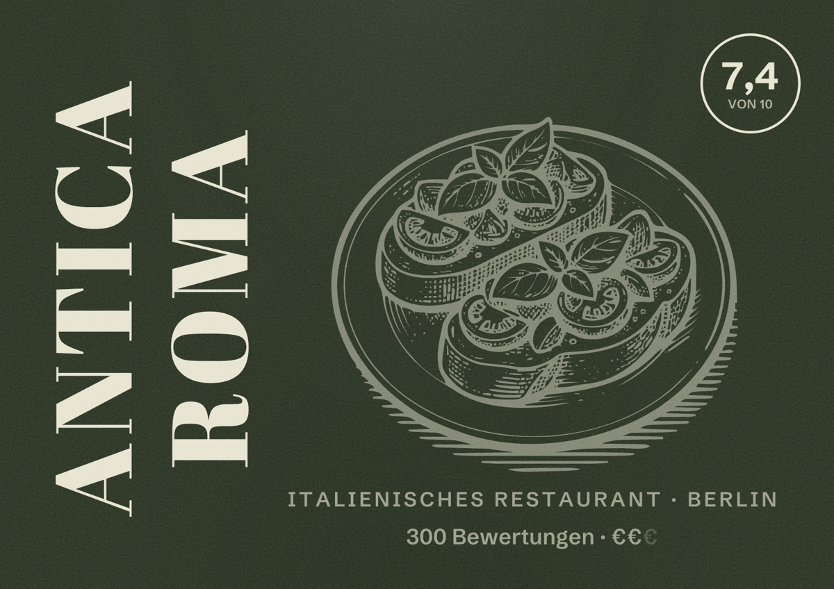 Illustriertes Poster von Antica Roma, Italienisches Restaurant in Berlin: Bewertung 7,4 von 10 aus 300 Bewertungen, Preisniveau €€