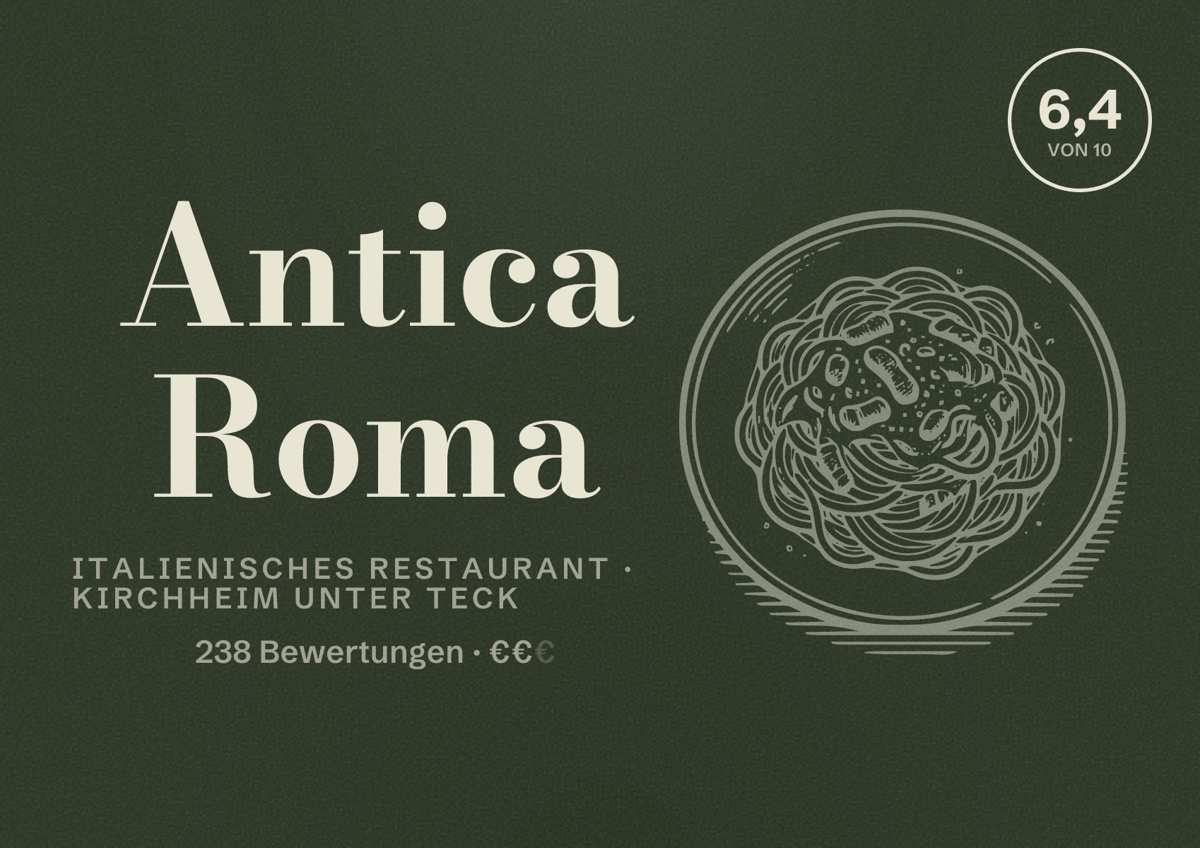 Illustriertes Poster von Antica Roma, Italienisches Restaurant in Kirchheim unter Teck: Bewertung 6,4 von 10 aus 238 Bewertungen, Preisniveau €€