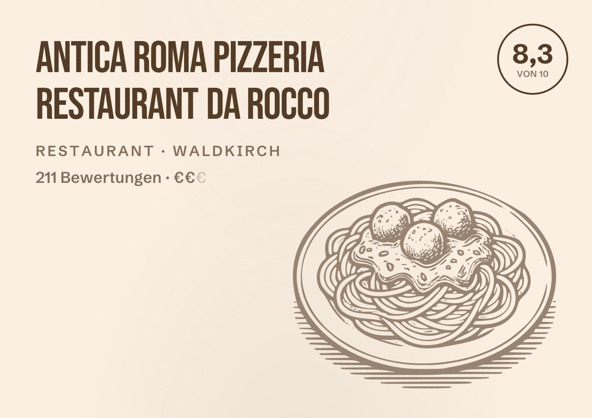 Illustriertes Poster von Antica Roma Pizzeria Restaurant da Rocco, Restaurant in Waldkirch: Bewertung 8,3 von 10 aus 211 Bewertungen, Preisniveau €€