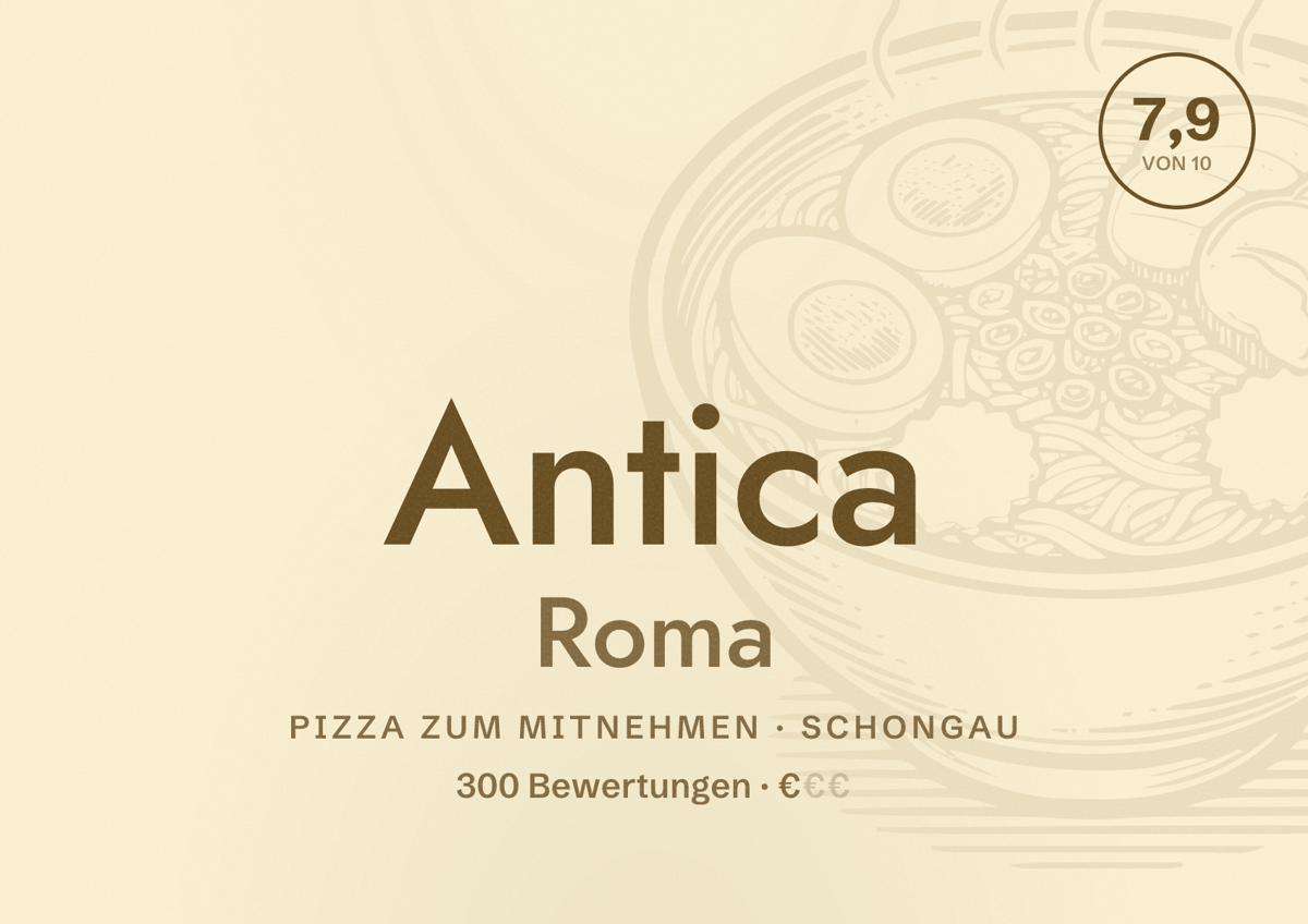 Illustriertes Poster von Antica Roma, Pizza zum Mitnehmen in Schongau: Bewertung 7,9 von 10 aus 300 Bewertungen, Preisniveau €