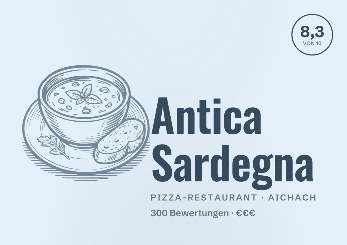 Illustriertes Poster von Antica Sardegna, Pizza-Restaurant in Aichach: Bewertung 8,3 von 10 aus 300 Bewertungen, Preisniveau €€€