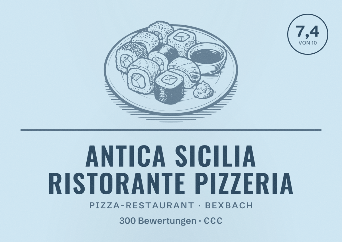 Illustriertes Poster von Antica Sicilia Ristorante Pizzeria, Pizza-Restaurant in Bexbach: Bewertung 7,4 von 10 aus 300 Bewertungen, Preisniveau €€€