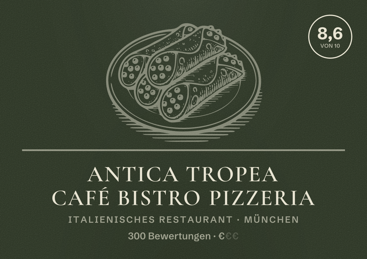 Illustriertes Poster von Antica Tropea Café Bistro Pizzeria, Italienisches Restaurant in München: Bewertung 8,6 von 10 aus 300 Bewertungen, Preisniveau €
