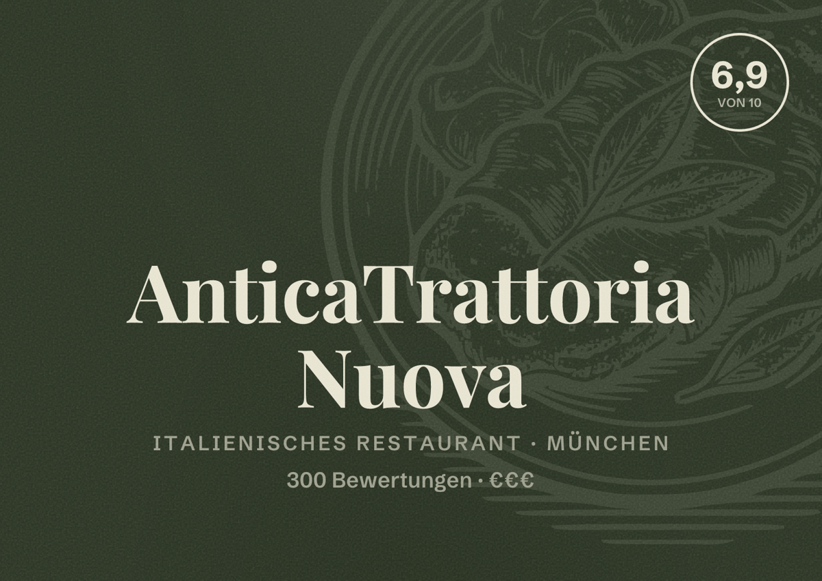 Illustriertes Poster von AnticaTrattoria Nuova, Italienisches Restaurant in München: Bewertung 6,9 von 10 aus 300 Bewertungen, Preisniveau €€€