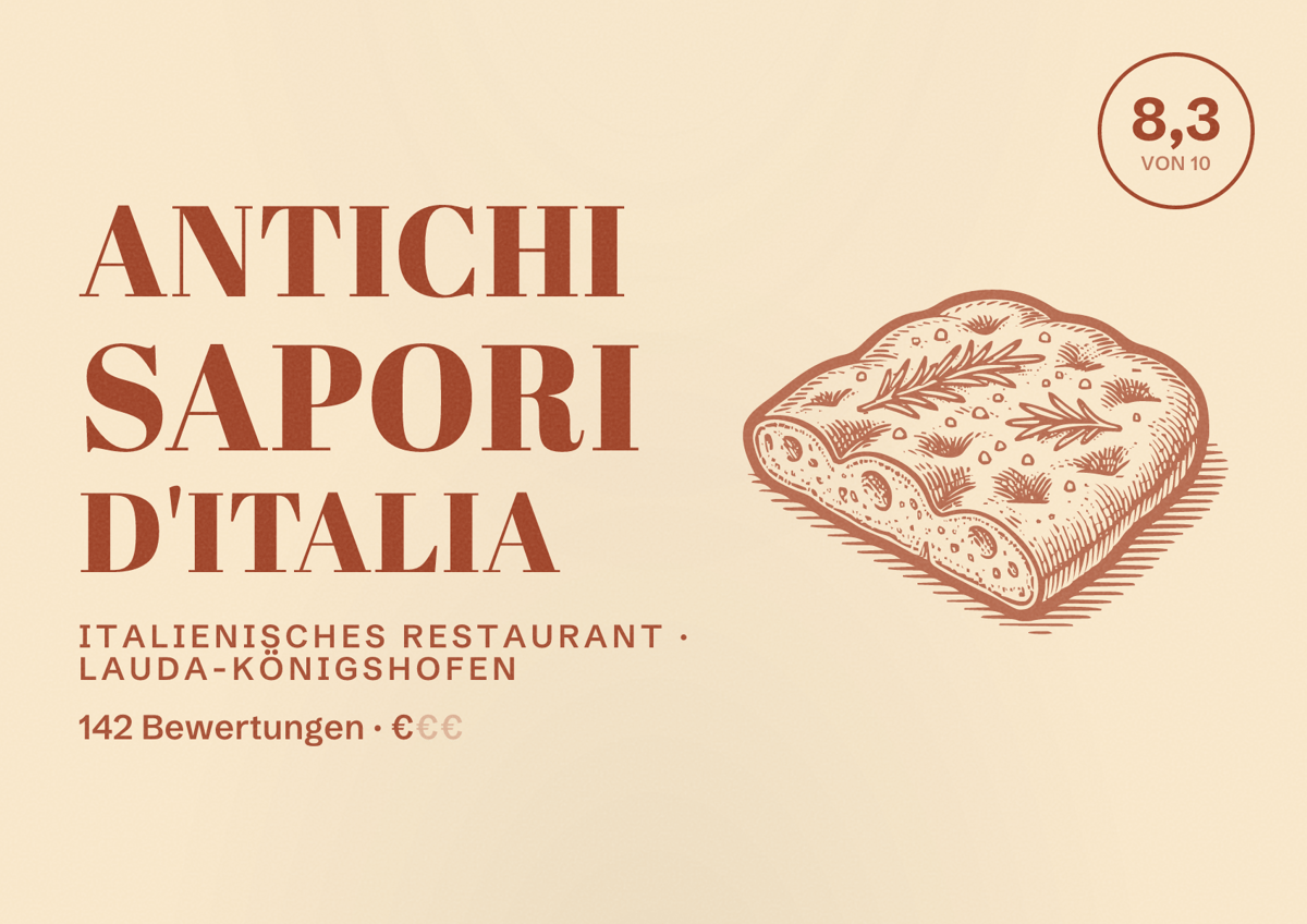 Illustriertes Poster von Antichi sapori d'Italia, Italienisches Restaurant in Lauda-Königshofen: Bewertung 8,3 von 10 aus 142 Bewertungen, Preisniveau €