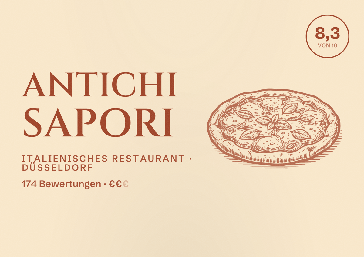 Illustriertes Poster von Antichi Sapori, Italienisches Restaurant in Düsseldorf: Bewertung 8,3 von 10 aus 174 Bewertungen, Preisniveau €€