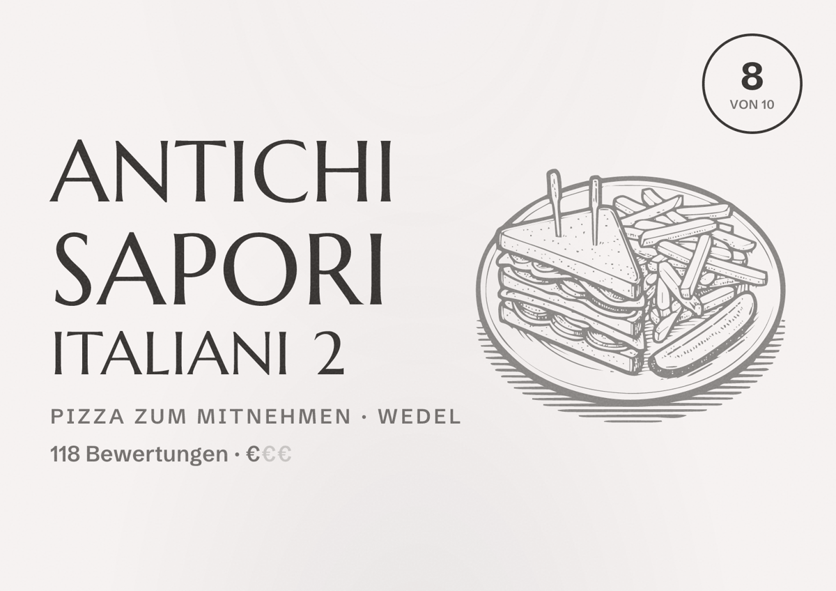 Illustriertes Poster von Antichi Sapori Italiani 2, Pizza zum Mitnehmen in Wedel: Bewertung 8 von 10 aus 118 Bewertungen, Preisniveau €