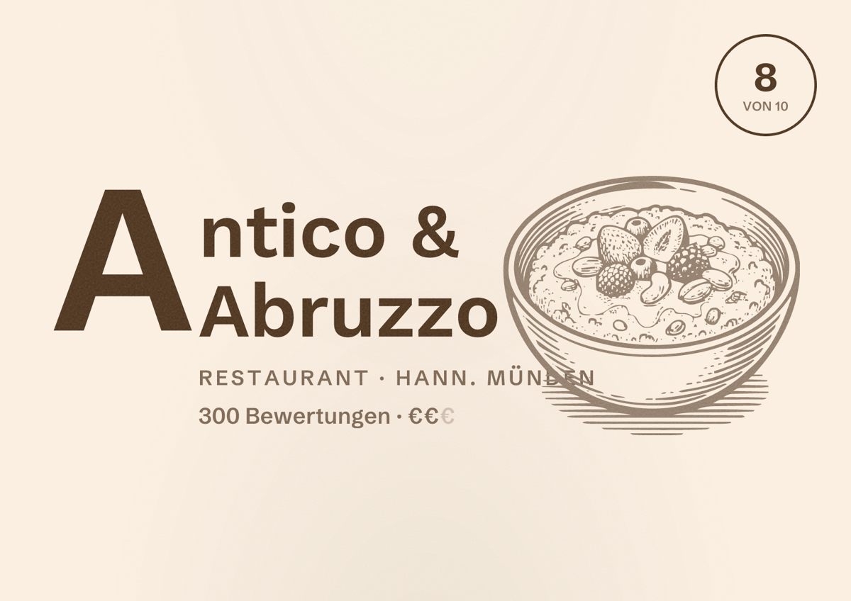 Illustriertes Poster von Antico & Abruzzo, Restaurant in Hann. Münden: Bewertung 8 von 10 aus 300 Bewertungen, Preisniveau €€