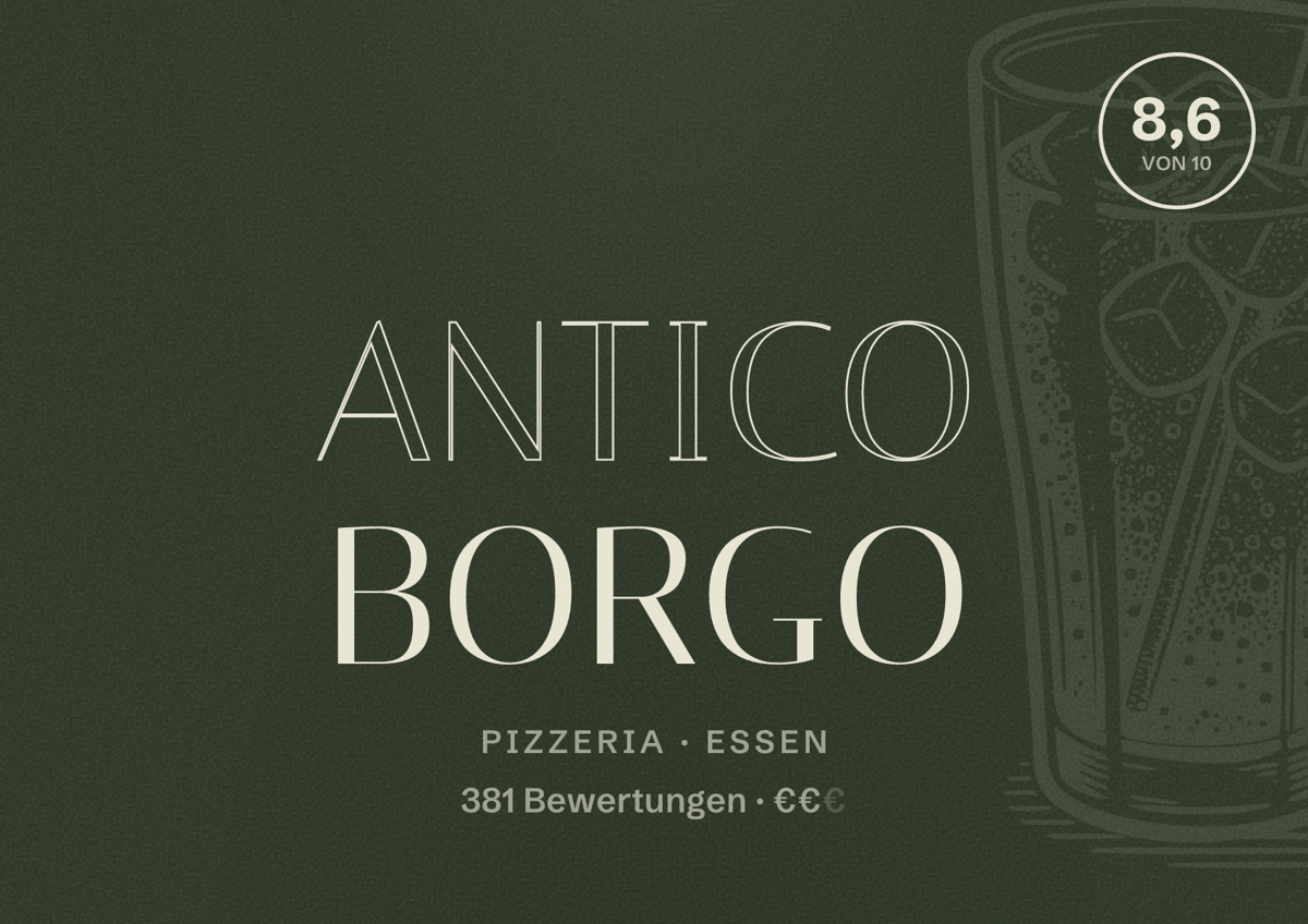 Illustriertes Poster von Antico Borgo, Pizzeria in Essen: Bewertung 8,6 von 10 aus 381 Bewertungen, Preisniveau €€