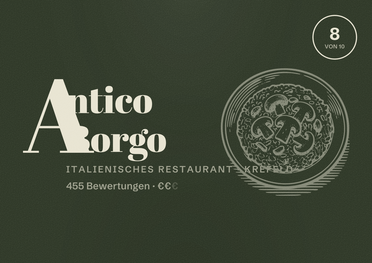 Illustriertes Poster von Antico Borgo, Italienisches Restaurant in Krefeld: Bewertung 8 von 10 aus 455 Bewertungen, Preisniveau €€