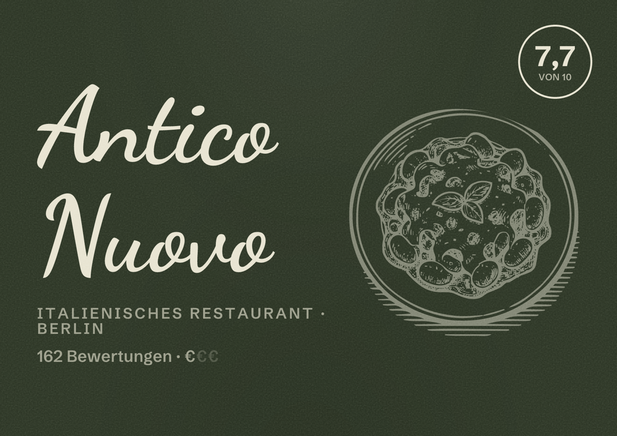 Illustriertes Poster von Antico Nuovo, Italienisches Restaurant in Berlin: Bewertung 7,7 von 10 aus 162 Bewertungen, Preisniveau €