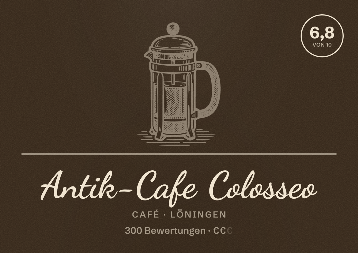 Illustriertes Poster von Antik-Cafe Colosseo, Café in Löningen: Bewertung 6,8 von 10 aus 300 Bewertungen, Preisniveau €€