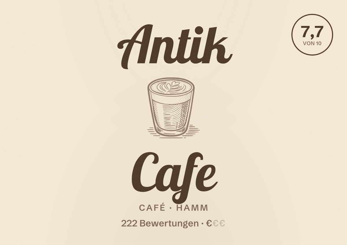 Illustriertes Poster von Antik Cafe, Café in Hamm: Bewertung 7,7 von 10 aus 222 Bewertungen, Preisniveau €