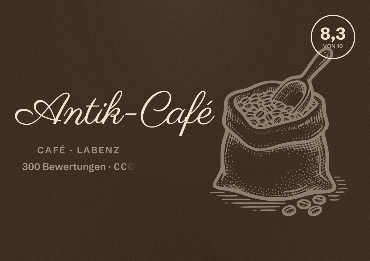 Illustriertes Poster von Antik-Café, Café in Labenz: Bewertung 8,3 von 10 aus 300 Bewertungen, Preisniveau €€