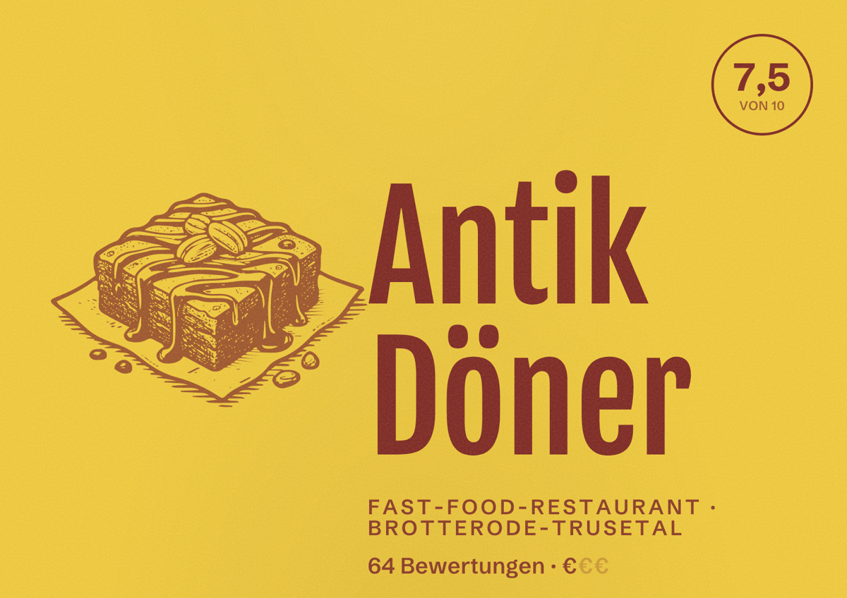 Illustriertes Poster von Antik Döner, Fast-Food-Restaurant in Brotterode-Trusetal: Bewertung 7,5 von 10 aus 64 Bewertungen, Preisniveau €
