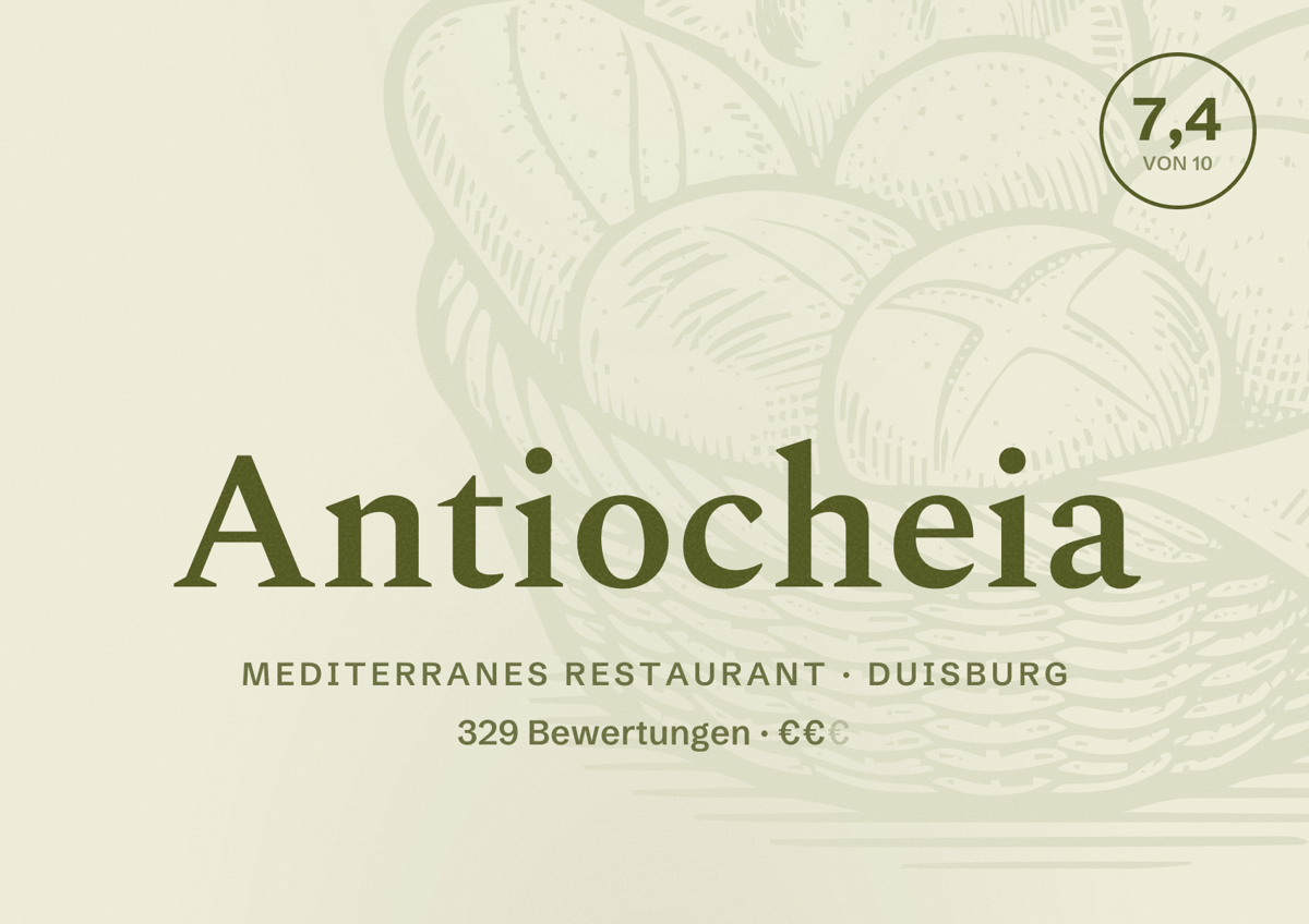Illustriertes Poster von Antiocheia, Mediterranes Restaurant in Duisburg: Bewertung 7,4 von 10 aus 329 Bewertungen, Preisniveau €€