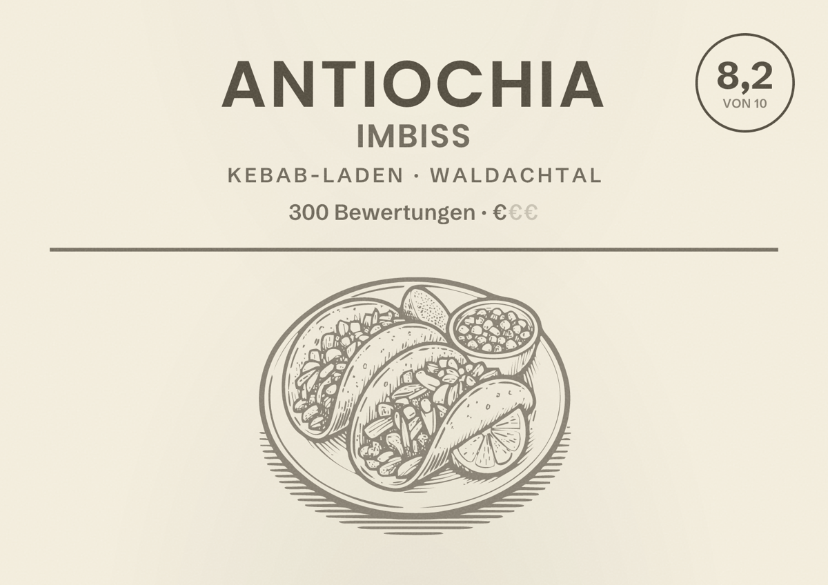 Illustriertes Poster von Antiochia Imbiss, Kebab-Laden in Waldachtal: Bewertung 8,2 von 10 aus 300 Bewertungen, Preisniveau €