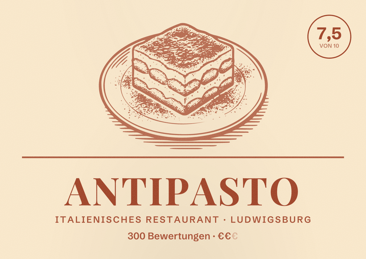 Illustriertes Poster von Antipasto, Italienisches Restaurant in Ludwigsburg: Bewertung 7,5 von 10 aus 300 Bewertungen, Preisniveau €€
