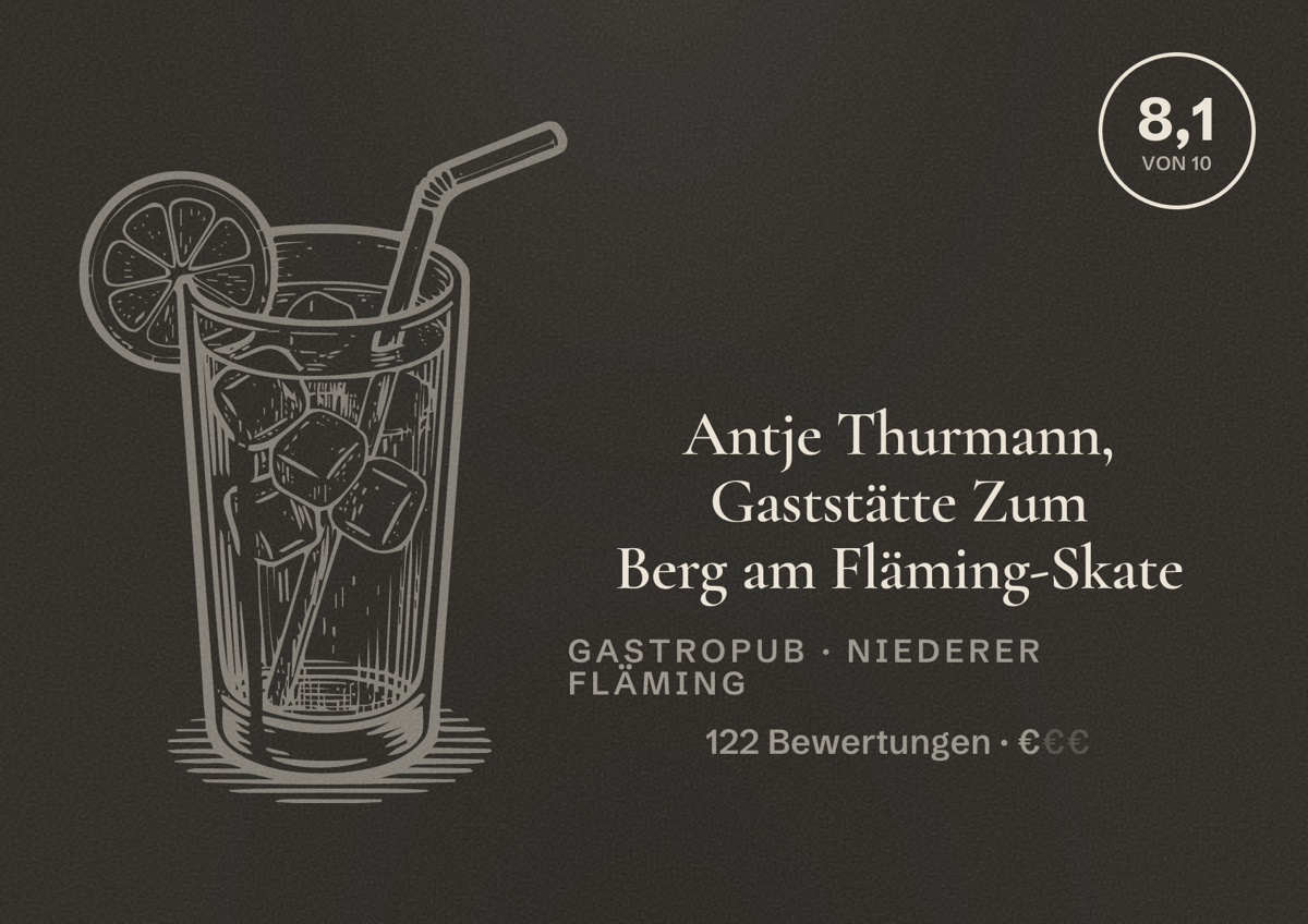 Illustriertes Poster von Antje Thurmann, Gaststätte Zum Berg am Fläming-Skate, Gastropub in Niederer Fläming: Bewertung 8,1 von 10 aus 122 Bewertungen, Preisniveau €