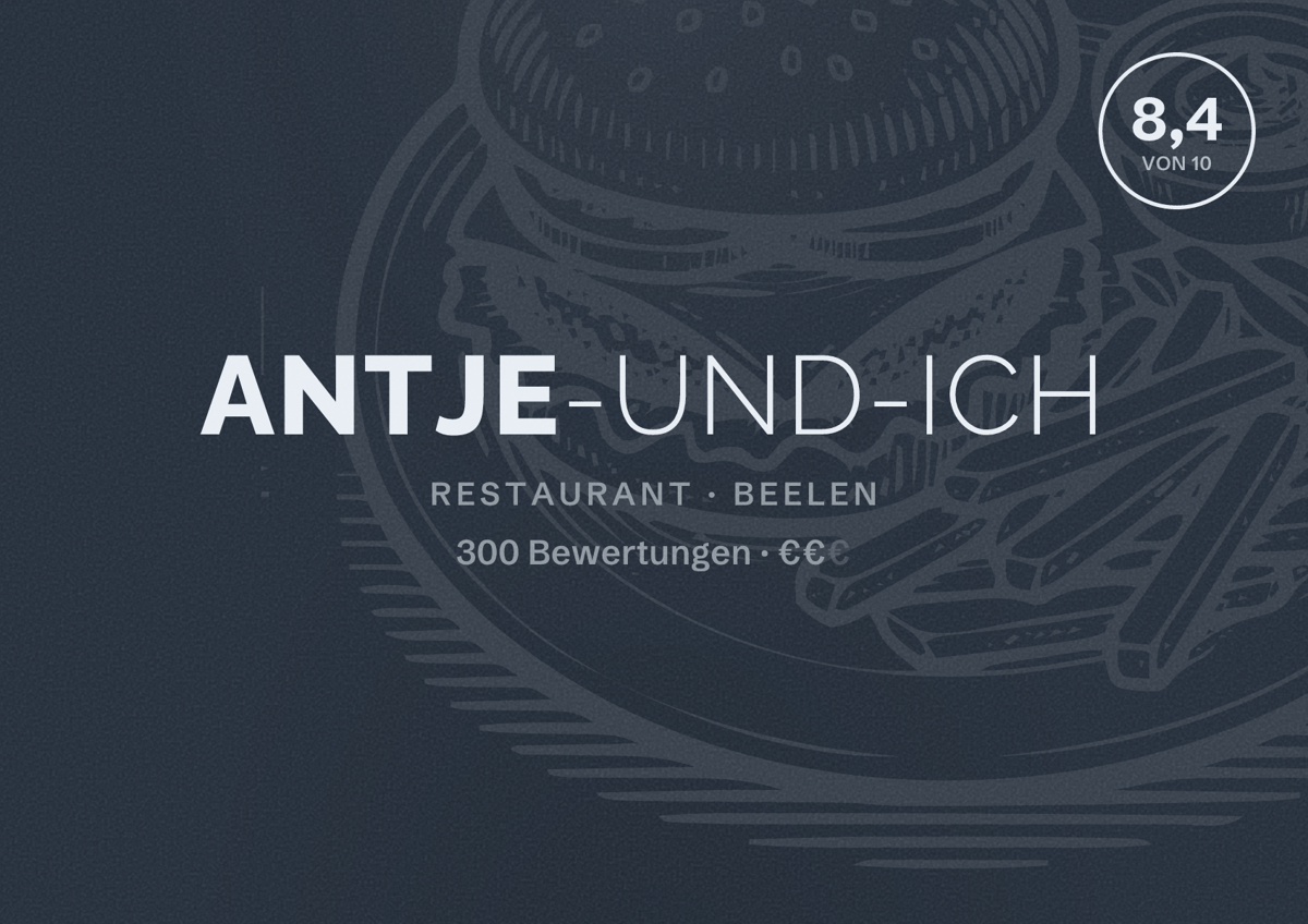 Illustriertes Poster von Antje-und-Ich, Restaurant in Beelen: Bewertung 8,4 von 10 aus 300 Bewertungen, Preisniveau €€
