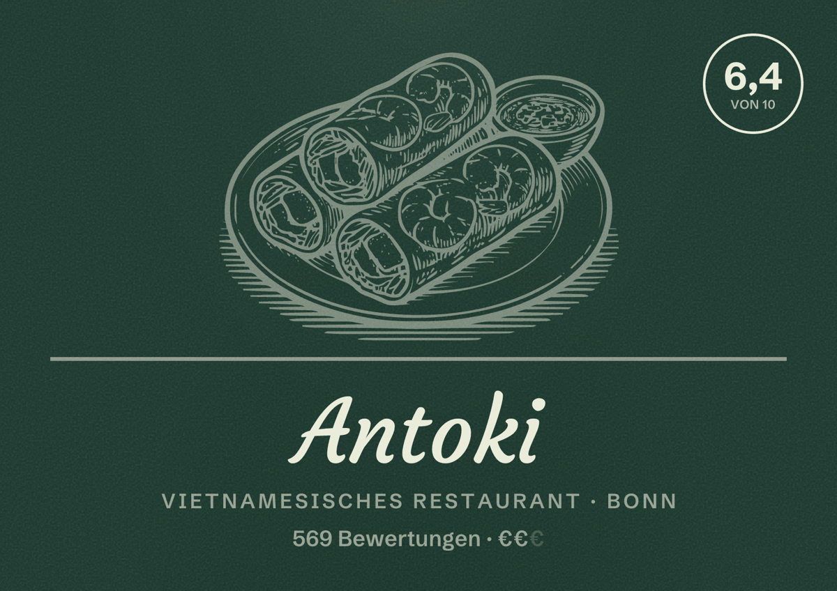 Illustriertes Poster von Antoki, Vietnamesisches Restaurant in Bonn: Bewertung 6,4 von 10 aus 569 Bewertungen, Preisniveau €€