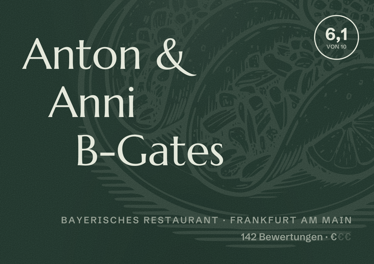 Illustriertes Poster von Anton & Anni B-Gates, Bayerisches Restaurant in Frankfurt am Main: Bewertung 6,1 von 10 aus 142 Bewertungen, Preisniveau €