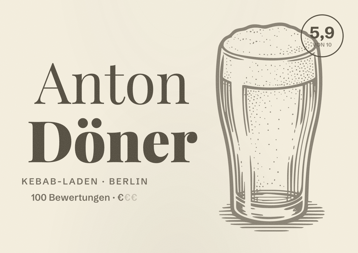 Illustriertes Poster von Anton Döner, Kebab-Laden in Berlin: Bewertung 5,9 von 10 aus 100 Bewertungen, Preisniveau €