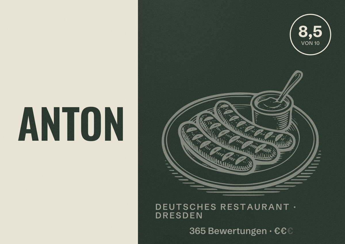 Illustriertes Poster von ANTON, Deutsches Restaurant in Dresden: Bewertung 8,5 von 10 aus 365 Bewertungen, Preisniveau €€