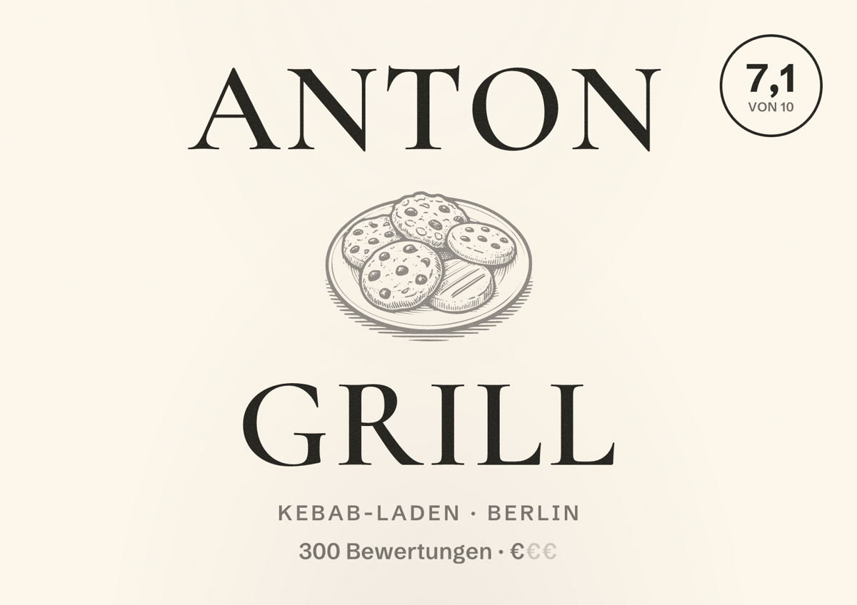 Illustriertes Poster von Anton Grill, Kebab-Laden in Berlin: Bewertung 7,1 von 10 aus 300 Bewertungen, Preisniveau €