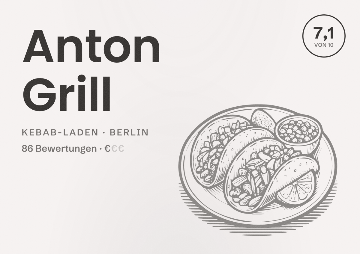 Illustriertes Poster von Anton Grill, Kebab-Laden in Berlin: Bewertung 7,1 von 10 aus 86 Bewertungen, Preisniveau €