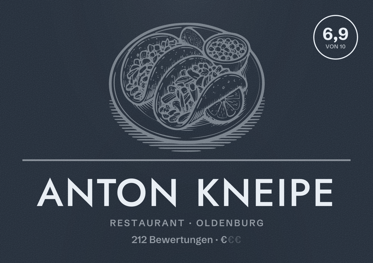 Illustriertes Poster von Anton Kneipe, Restaurant in Oldenburg: Bewertung 6,9 von 10 aus 212 Bewertungen, Preisniveau €
