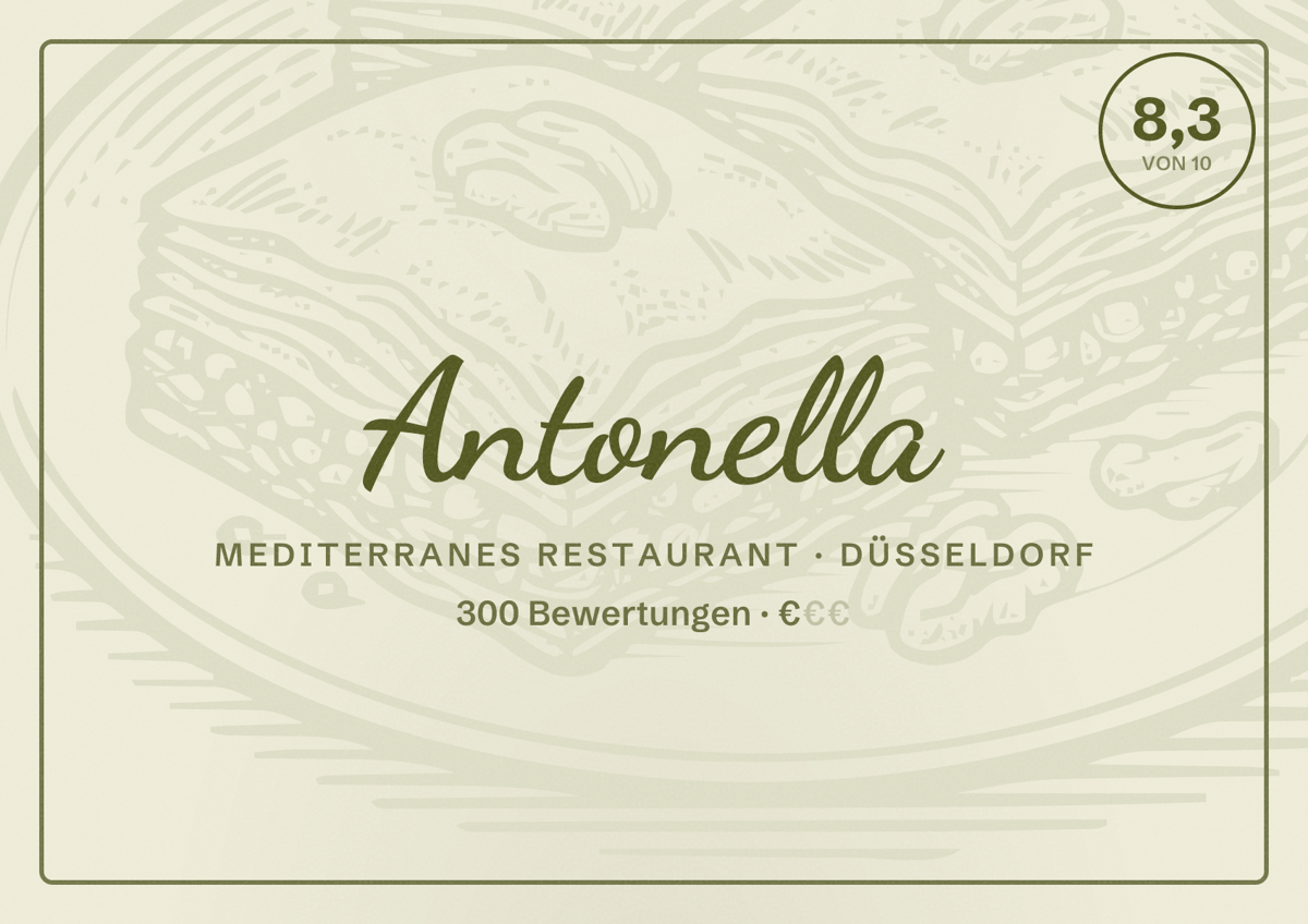 Illustriertes Poster von Antonella, Mediterranes Restaurant in Düsseldorf: Bewertung 8,3 von 10 aus 300 Bewertungen, Preisniveau €