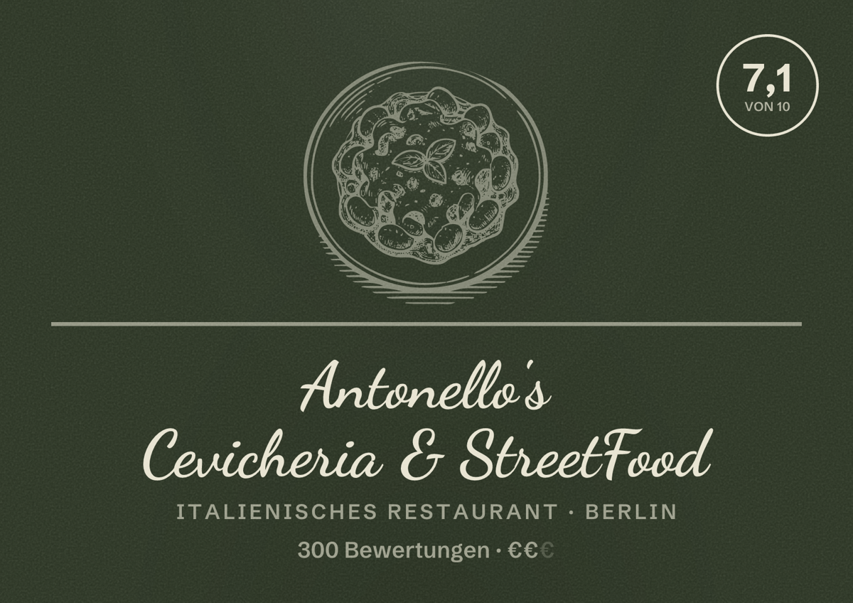 Illustriertes Poster von Antonello's Cevicheria & StreetFood, Italienisches Restaurant in Berlin: Bewertung 7,1 von 10 aus 300 Bewertungen, Preisniveau €€