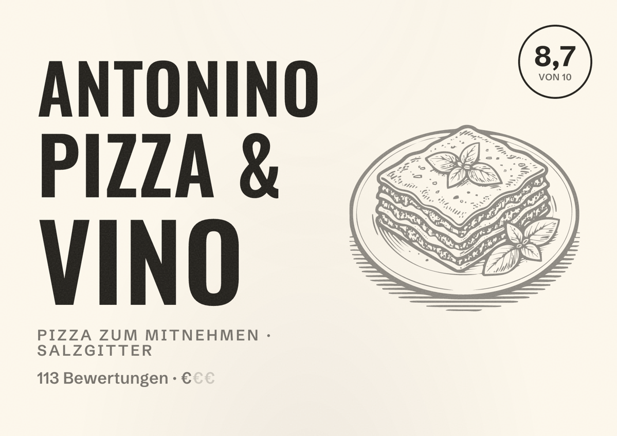 Illustriertes Poster von ANTONINO pizza & vino, Pizza zum Mitnehmen in Salzgitter: Bewertung 8,7 von 10 aus 113 Bewertungen, Preisniveau €